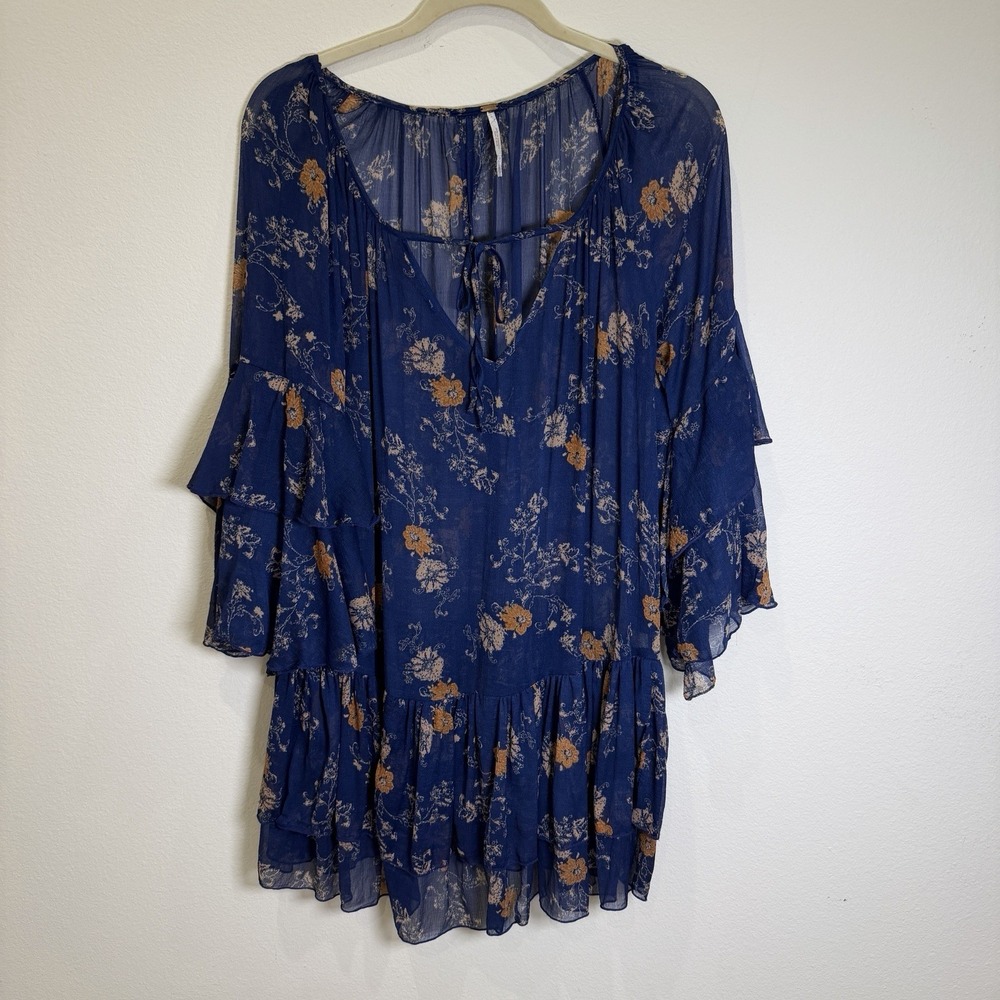 Free People Dress Women's XS Sunsetter Floral Ruffle Dress Blue Summer Bohemian